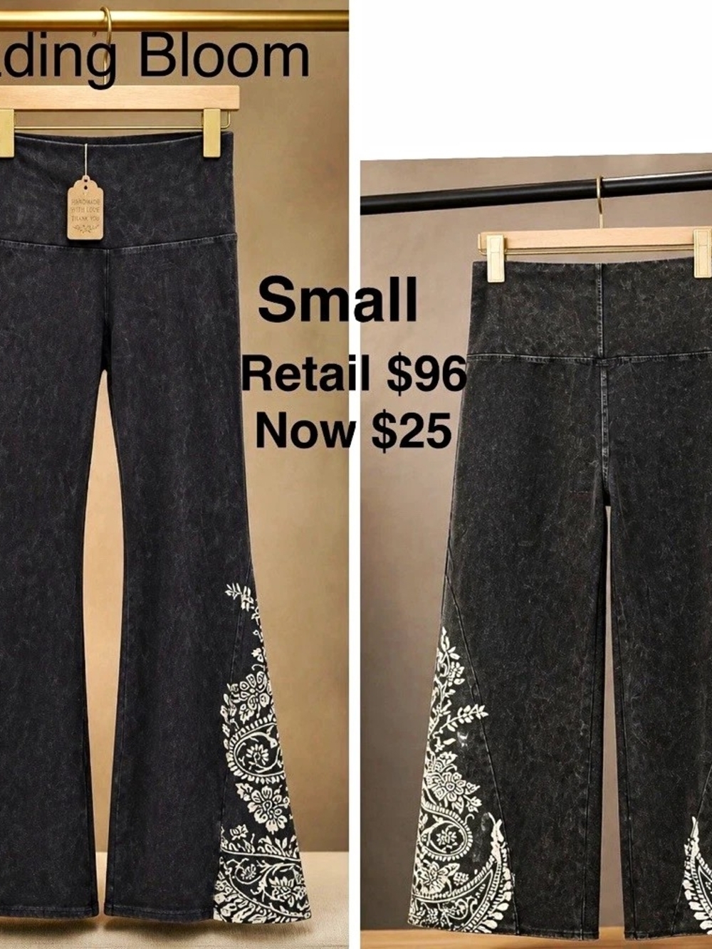 Women's Black/White Paisley Flare Leg Leggings Size S Regular Fit Pants